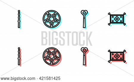 Set Line Magic Wand, , Pentagram In Circle And Carpet Icon. Vector