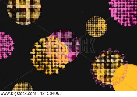Pink and yellow halftone coronavirus on a black background psd mockup