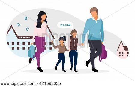 Young Parents Taking Children From School Flat Illustration. Family Going Home Together Talking And 