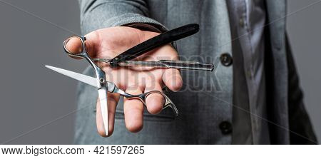 Barber Scissors And Straight Razor, Barber Shop. Mens Haircut In Barber Shop. Mens Haircut, Shaving