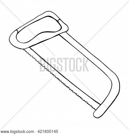 Hand Outline Saw. Large Long Metal File In Hand Drawn Doodle Style Isolated On White Background.vect