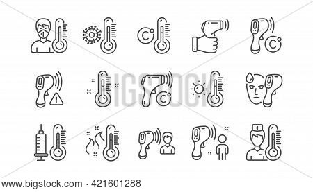 Temperature Line Icons. Thermometer, Check Body Temperature, Fever Diagnostic. Coronavirus Control, 