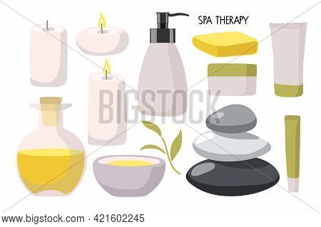 Spa Therapy. Hot Stones, Candles, Oil Bowl, Oil Botlle, Cream Jar, Tubes, Bottles In Fashionable Mod