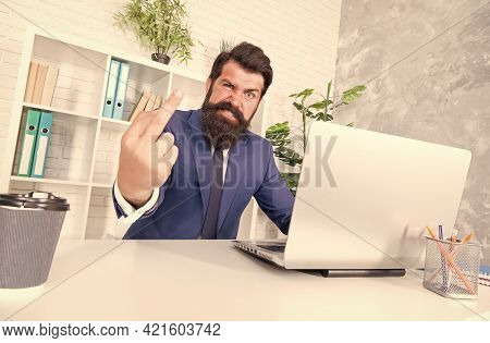 Fuckoff Oclock. Businessman Show Middle Finger Working In Office. Obscene Hand Gesture. Nonverbal Co