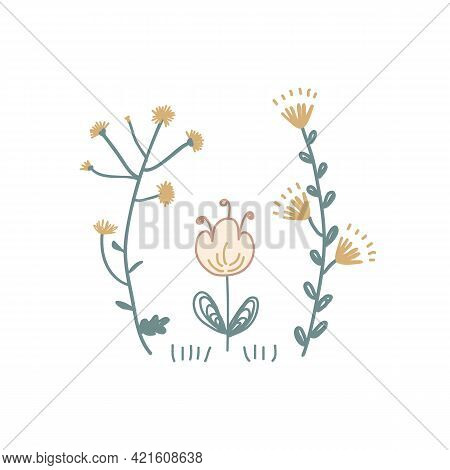 Meadow Floral Flowers Vector Illustration. Scandinavian Folksy Flower Bunch Clip Art Isolated On Whi