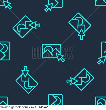 Green Line Photo Retouching Icon Isolated Seamless Pattern On Blue Background. Photographer, Photogr