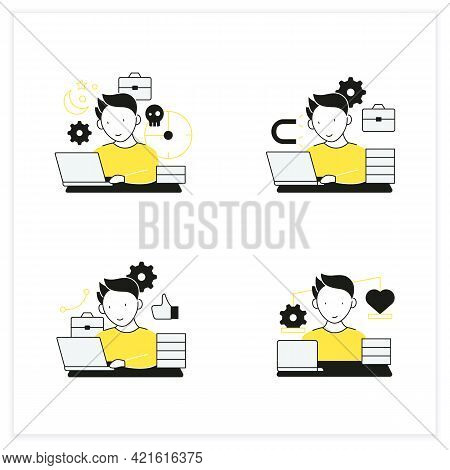 Workaholic Flat Icons Set. Workaholism Prevention And Consequences. Workaholism Treatment, Ethic And