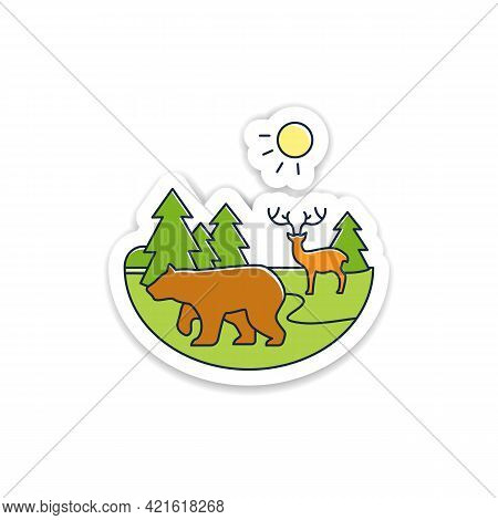 Taiga Forest Sticker. Boreal Forest Or Coniferous Forest. Living Place For Wild Animals Badge For De