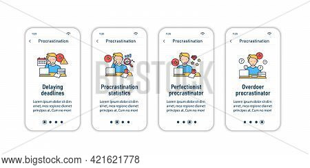Procrastination Onboarding Mobile App Screens. Postpone Unpleasant Tasks For Later.delay. Overwhelme