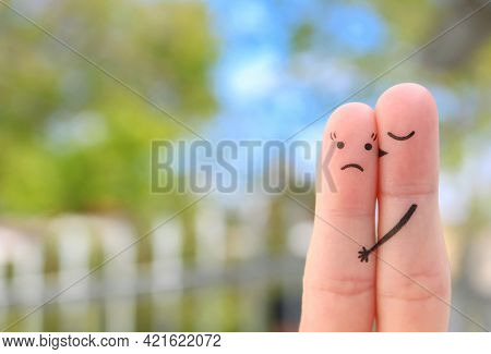 Fingers Art Of Couple. Concept Of Woman Doesn't Like The Man Who Loves Her.