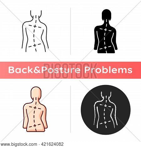 Uneven Hips And Shoulders Icon. Abnormal Curve In Spine. Worsening Scoliosis. Bad Posture. Differenc