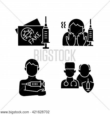 Vaccine Inoculation Black Glyph Icons Set On White Space. Fake Vaccinated Tourist Passport. Fear Of 