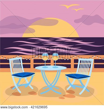 The Cafe On The Terrace Near The Sea With Sunset. Vector Illustration. Place For Romantic Date Near 