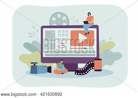 Tiny Video Editors Sitting On Giant Monitor. Flat Vector Illustration. Operators Making Video Editin