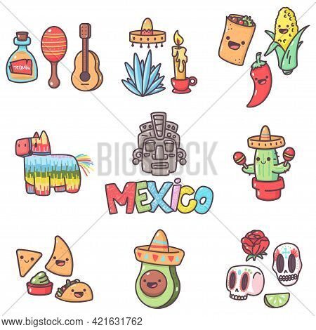 Mexican Tradition Elements With Cute Emotions For Party And Holidays Vector Cartoon Set Isolated On 