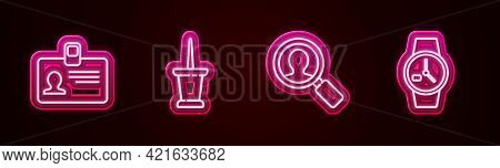Set Line Identification Badge, Push Pin, Magnifying Glass For Search People And Wrist Watch. Glowing