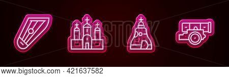 Set Line Kankles, Church Building, The Tsar Bell And Cannon. Glowing Neon Icon. Vector