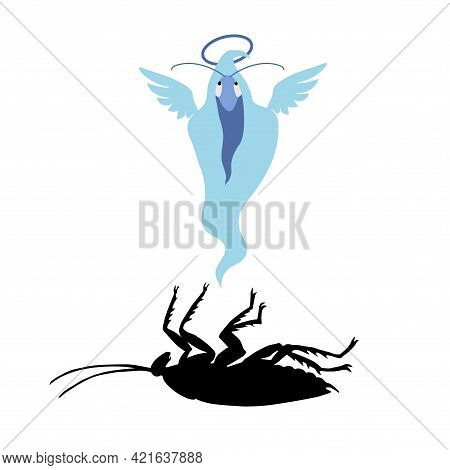 Black Silhouette Of A Dead Cockroach With A Blue Ghost In A Shroud, Insect Pest, Symbol Of Insanitar