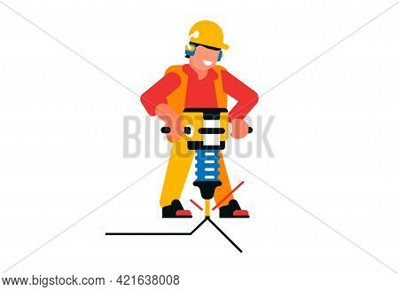 Worker Working With A Jackhammer. Male Builder And Electric Jackhammer, Power Tool, Road Works, Repa