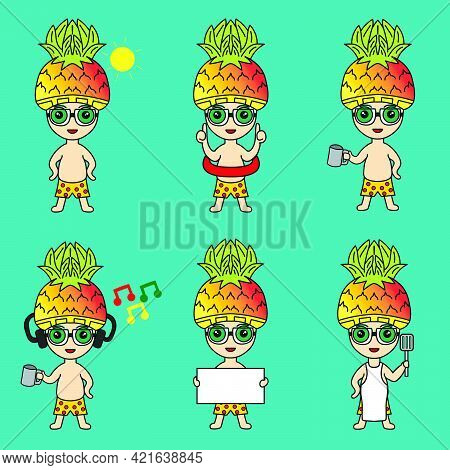 Set Of Cute Cartoon Mascot Illustration Bundle Of Little Man With Pineapple Head Undressed With Vari