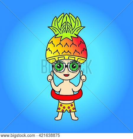 Mascot Cartoon Illustration Of A Cute Man With A Pineapple Head Swimming Wearing A Swimming Tire