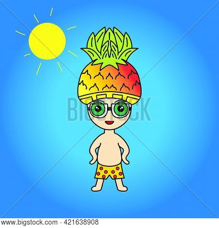 Mascot Cartoon Illustration Of A Cute Man Character With Pineapple Head And Swimwear Relaxing On Sum