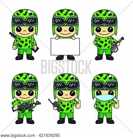 Set Of Pack Of Cute Army Or Soldier Cartoon Character Mascot Illustrations With Various Poses