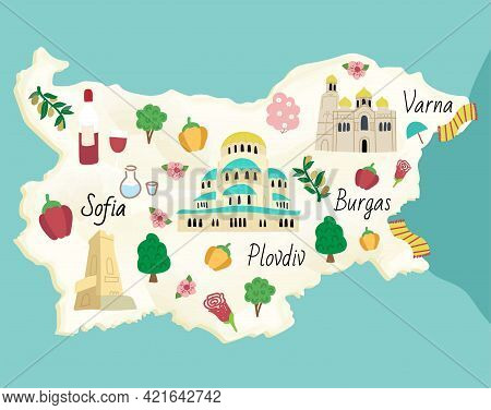 Illustrated Map Of Bulgaria. Famous Landmarks Temple, Cathedral, Rose , Rakia And Monument Shipka. V