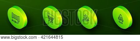 Set Isometric Line Fire Hose Reel, Smoke Alarm System, Firefighter Axe And Hydrant Icon. Vector
