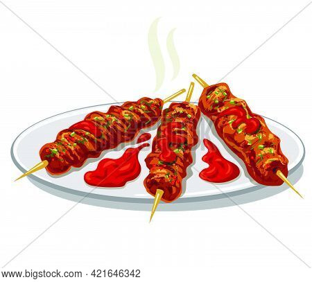 Illustration Of The Traditional Turkish Kofta Kebab With Tomato Sauce On The Plate