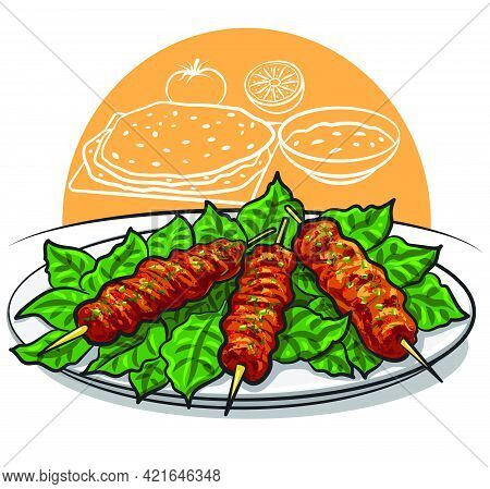 Illustration Of The Traditional Turkish Kofta Kebab With Greens On The Plate