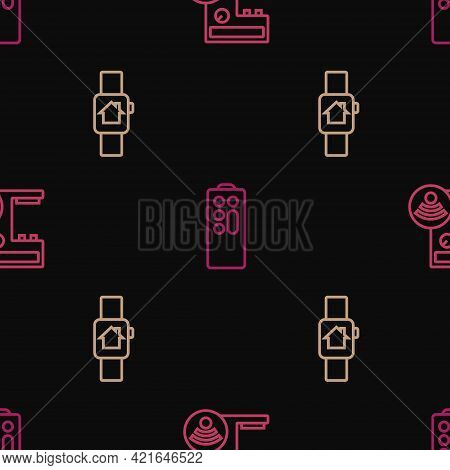 Set Line Smart Coffee Machine, Home With Smart Watch And Remote Control On Seamless Pattern. Vector