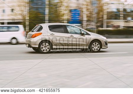 Peugeot 308 Five Door Hatchback Is Driving At High Speed. Moscow, Russia - May, 2021