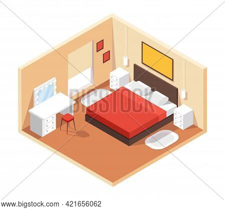 Isometric Bedroom. Modern Cozy Room Interior With Furniture Double Bed, Night Tables, Table, Mirror,