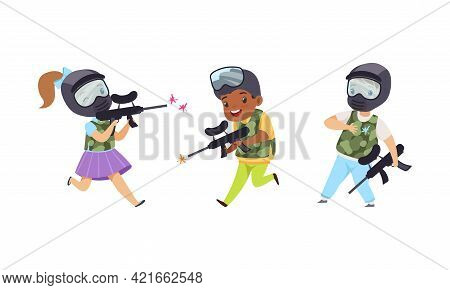 Cute Kids Playing Paintball Set, Boys And Girls Paintball Players Characters Cartoon Vector Illustra