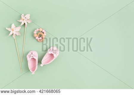 Baby Shoes And Teether. Baby Shower Invitation, Greeting Card