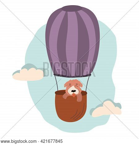 Cute Baby Dog And Cat In The Hot Air Balloon. Graphic Element For Childrens Book, Album, Scrapbook, 