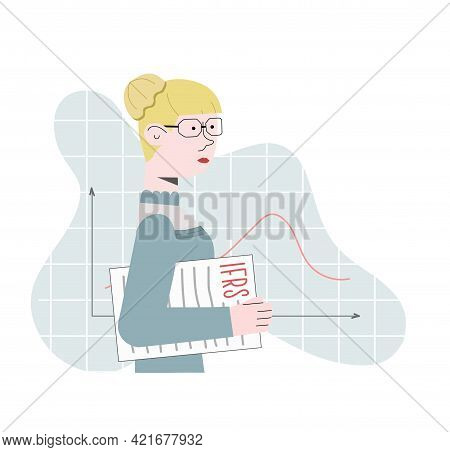 Woman, Accountant, Manager With Annual Report, Ifrs. Background With Chart. Vector Flat Illustration