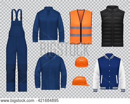 Construction Workers Clothing, Uniform Mockups. Realistic Vector Blue Overalls Pants, Heated Black A
