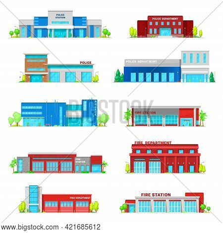 Police Department And Fire Station Building Icons. Vector Official Institutions Architecture, Govern
