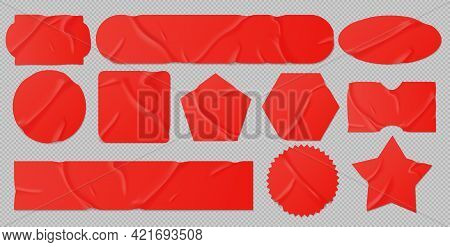 Red Glued Stickers Or Crumpled Paper Patches Mockup. Blank Shrunken Labels Of Different Shapes Round
