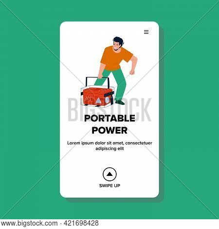 Portable Power Generator Tool Starting Man Vector. Electrical Portable Power Emergency Machine Start
