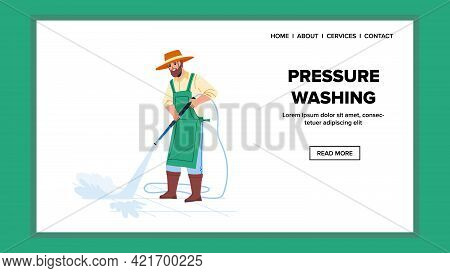 Pressure Washing Backyard Brick With Water Vector. Gardener Pressure Washing Pavement From Wash Equi