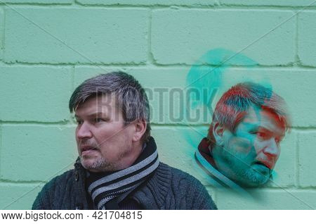 Bifurcated Personality Concept. Multiple Male Portrait With Glitch Duotone Effect. Adult Nervous, Br