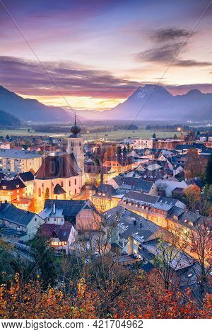 Liezen, Austria. Cityscape Image Of Liezen, Austria At Beautiful Autumn Sunset.