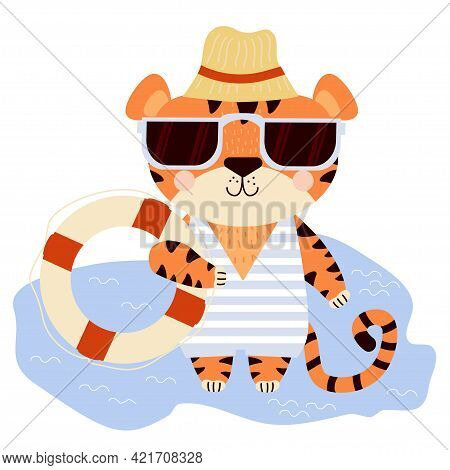 Cute Tiger. Funny Striped Character On The Beach In Sunglasses, A Hat, A Swimsuit And A Lifebuoy In 