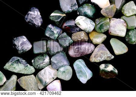 Moss Agate Heap Up Jewel Stones Texture On Black Background
