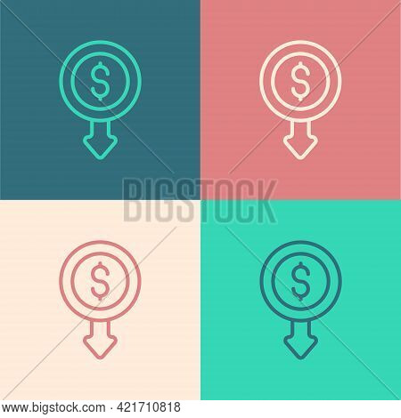Pop Art Line Dollar Rate Decrease Icon Isolated On Color Background. Cost Reduction. Money Symbol Wi