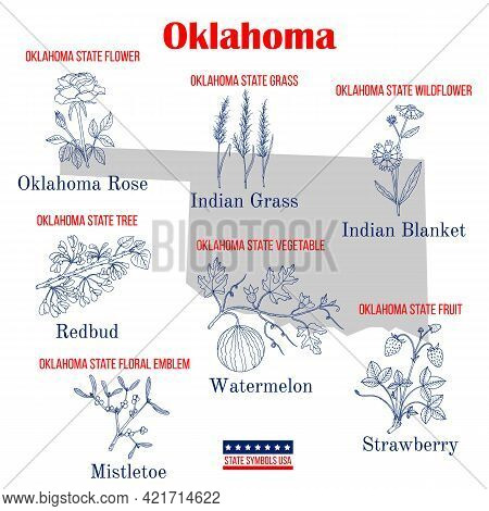 Oklahoma. Set Of Usa Official State Symbols. Vector Hand Drawn Illustration