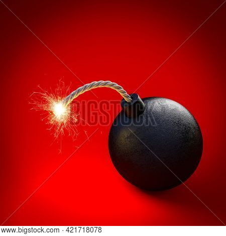 spherical black bomb with lit fuse. concept of imminent danger. 3d render.